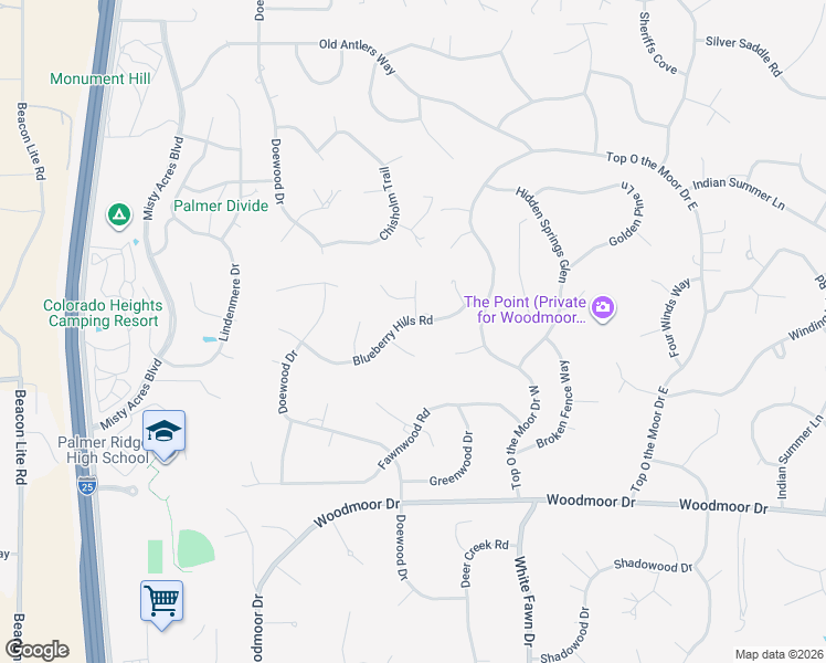 map of restaurants, bars, coffee shops, grocery stores, and more near 1376 Wild Berry Way in Monument