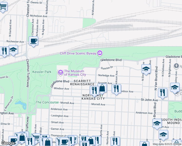 map of restaurants, bars, coffee shops, grocery stores, and more near 3630 Norledge Avenue in Kansas City