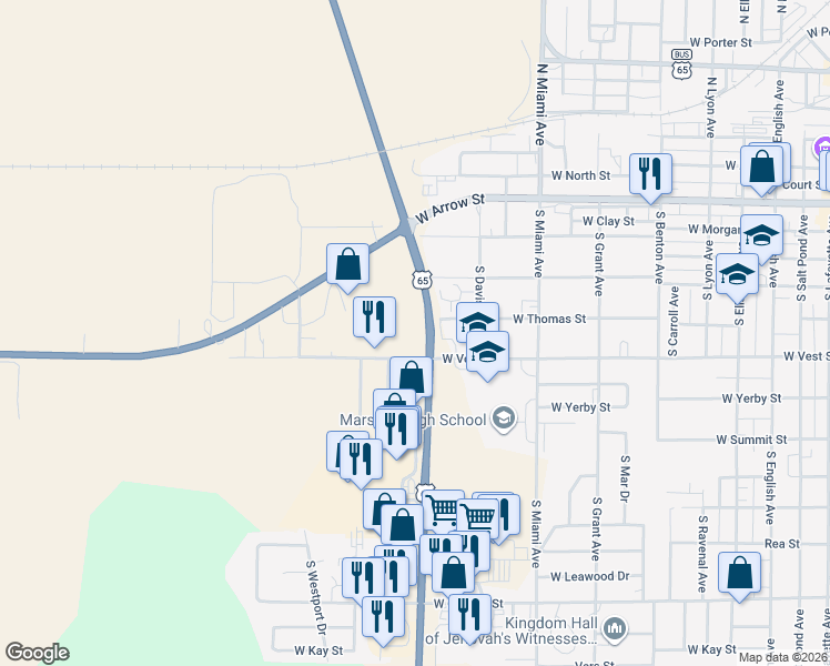 map of restaurants, bars, coffee shops, grocery stores, and more near 1333 West Vest Street in Marshall