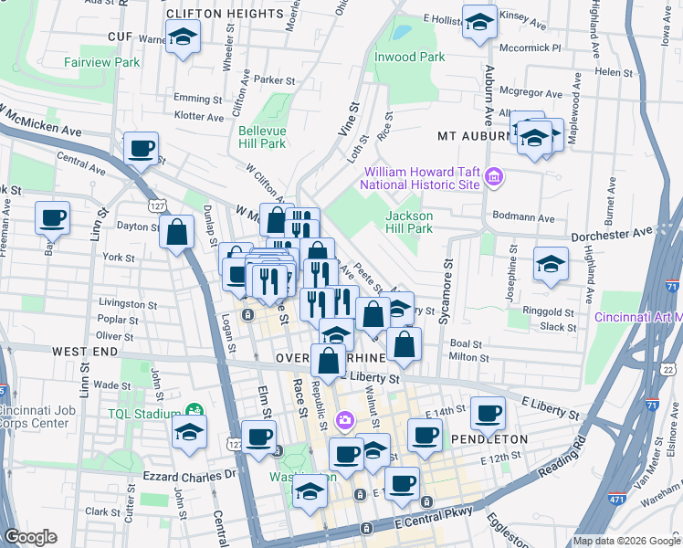 map of restaurants, bars, coffee shops, grocery stores, and more near 55 East Clifton Avenue in Cincinnati