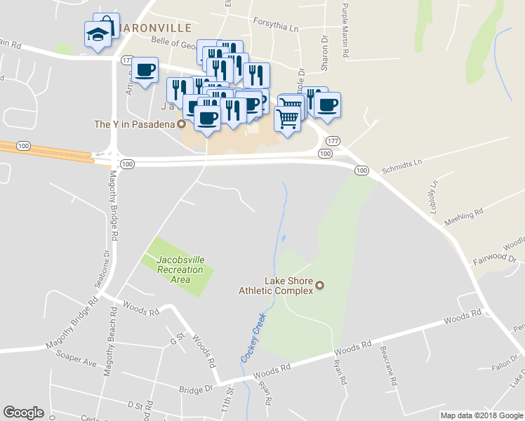 map of restaurants, bars, coffee shops, grocery stores, and more near 538 Johnsontown Road in Pasadena