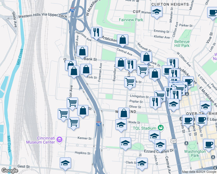 map of restaurants, bars, coffee shops, grocery stores, and more near 918 Findlay Street in Cincinnati