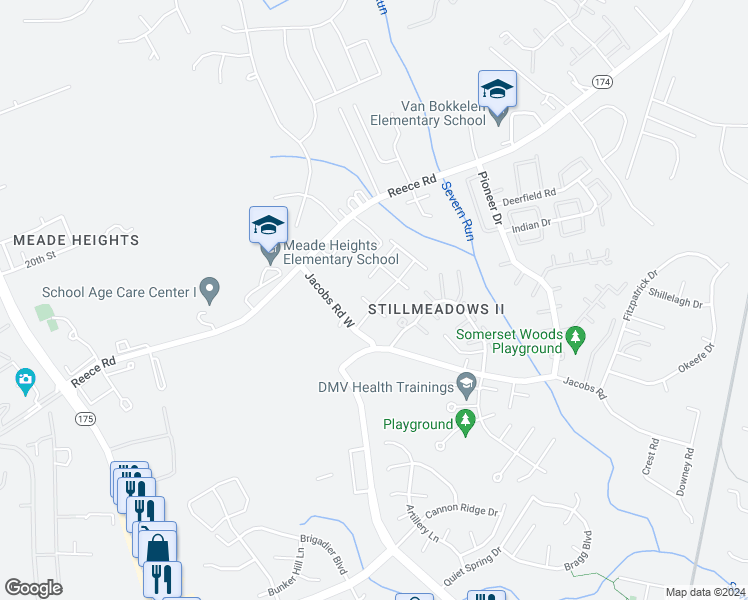 map of restaurants, bars, coffee shops, grocery stores, and more near 8303 Black Harrier Lane in Severn