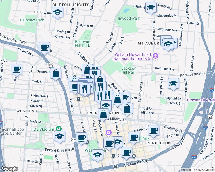 map of restaurants, bars, coffee shops, grocery stores, and more near 55 East Clifton Avenue in Cincinnati