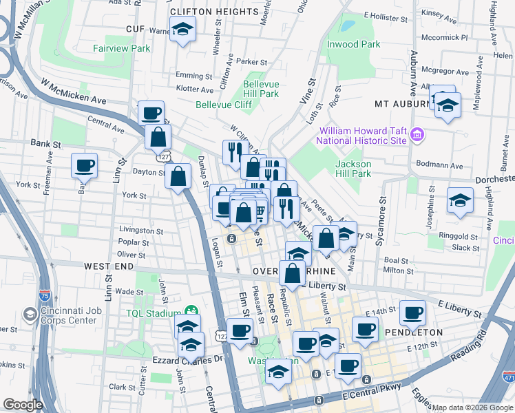 map of restaurants, bars, coffee shops, grocery stores, and more near 9 West McMicken Avenue in Cincinnati