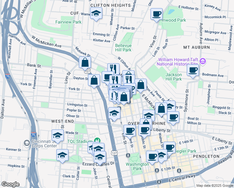 map of restaurants, bars, coffee shops, grocery stores, and more near in Cincinnati