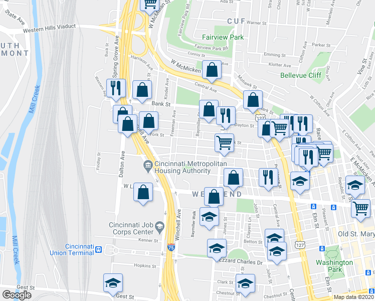 map of restaurants, bars, coffee shops, grocery stores, and more near in Cincinnati