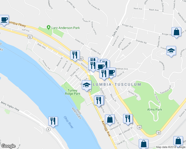 map of restaurants, bars, coffee shops, grocery stores, and more near 2109 Eastern Avenue in Cincinnati