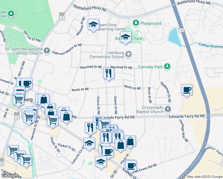 map of restaurants, bars, coffee shops, grocery stores, and more near 507 North Street Northeast in Leesburg