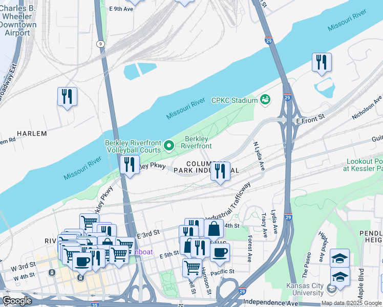 map of restaurants, bars, coffee shops, grocery stores, and more near 110 Berkley Plaza in Kansas City