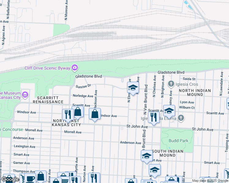 map of restaurants, bars, coffee shops, grocery stores, and more near 413 North Kensington Avenue in Kansas City