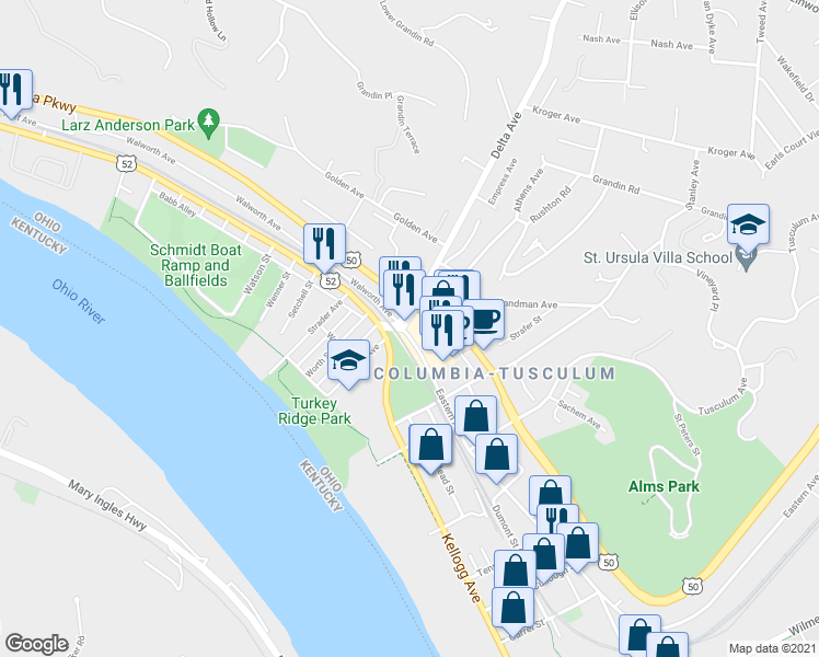map of restaurants, bars, coffee shops, grocery stores, and more near 3500 Eastern Avenue in Cincinnati