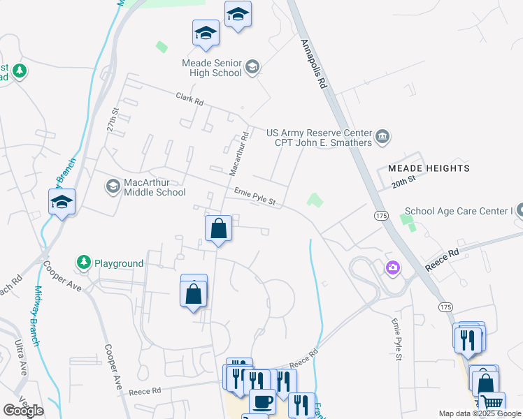 map of restaurants, bars, coffee shops, grocery stores, and more near 3080 Ernie Pyle Street in Fort Meade