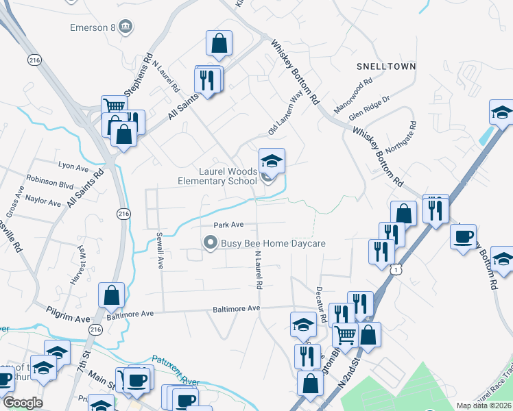 map of restaurants, bars, coffee shops, grocery stores, and more near 9250 North Laurel Road in Laurel