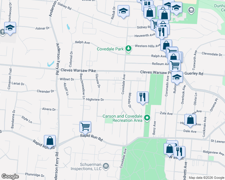 map of restaurants, bars, coffee shops, grocery stores, and more near 1124 Maureen Lane in Cincinnati