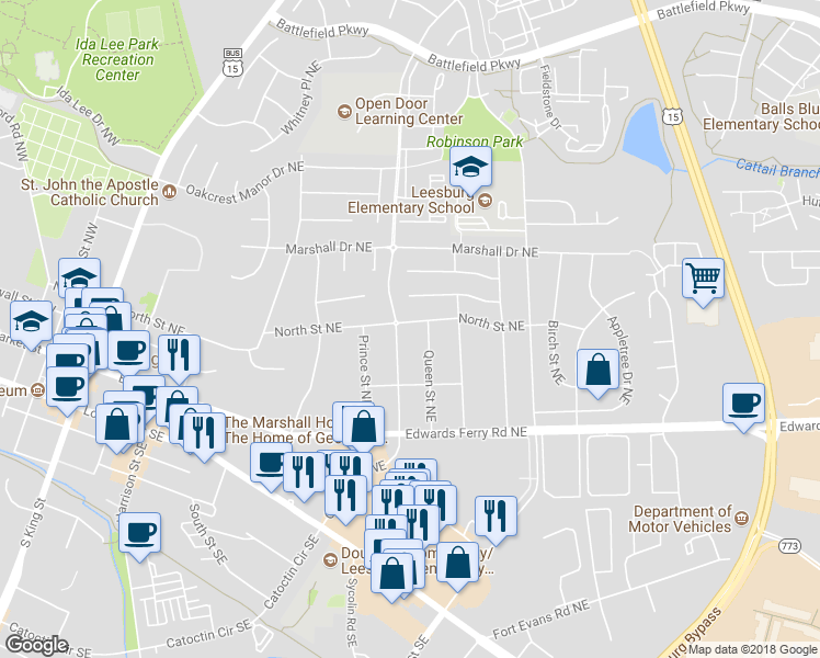 map of restaurants, bars, coffee shops, grocery stores, and more near 505 North Street Northeast in Leesburg