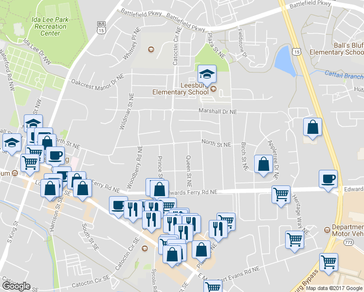 map of restaurants, bars, coffee shops, grocery stores, and more near 507 North Street Northeast in Leesburg