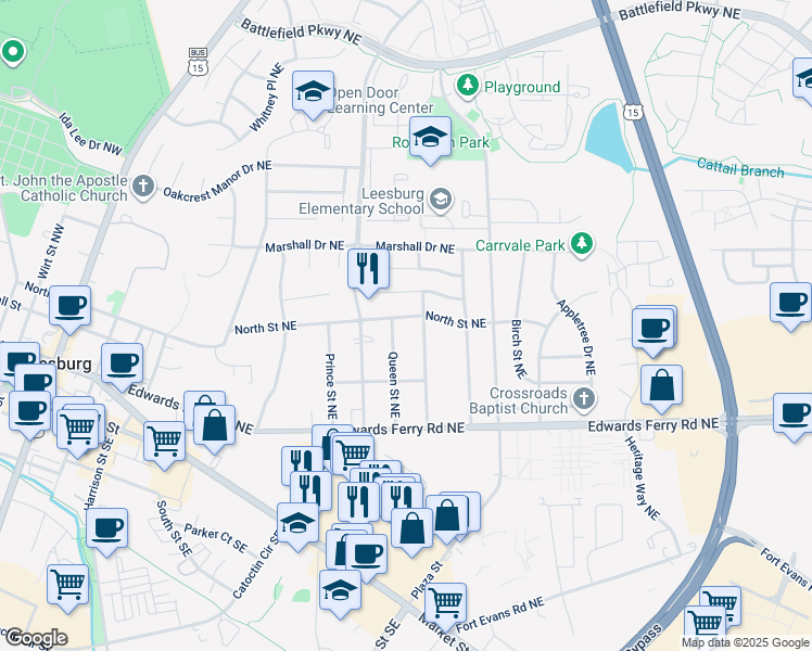 map of restaurants, bars, coffee shops, grocery stores, and more near 519 North Street Northeast in Leesburg