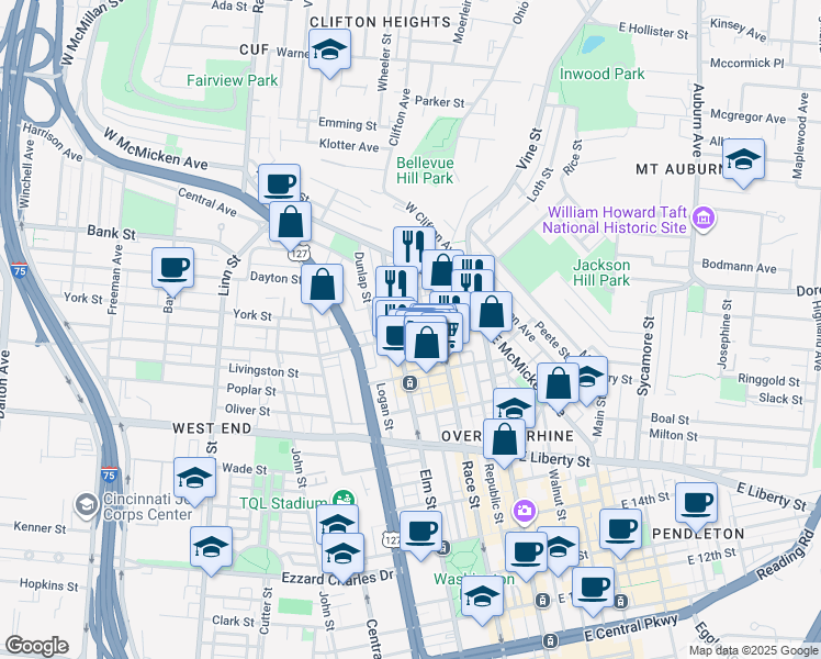 map of restaurants, bars, coffee shops, grocery stores, and more near 1909 Race Street in Cincinnati
