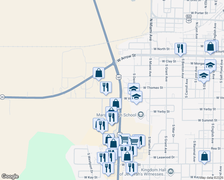 map of restaurants, bars, coffee shops, grocery stores, and more near 1333 West Vest Street in Marshall