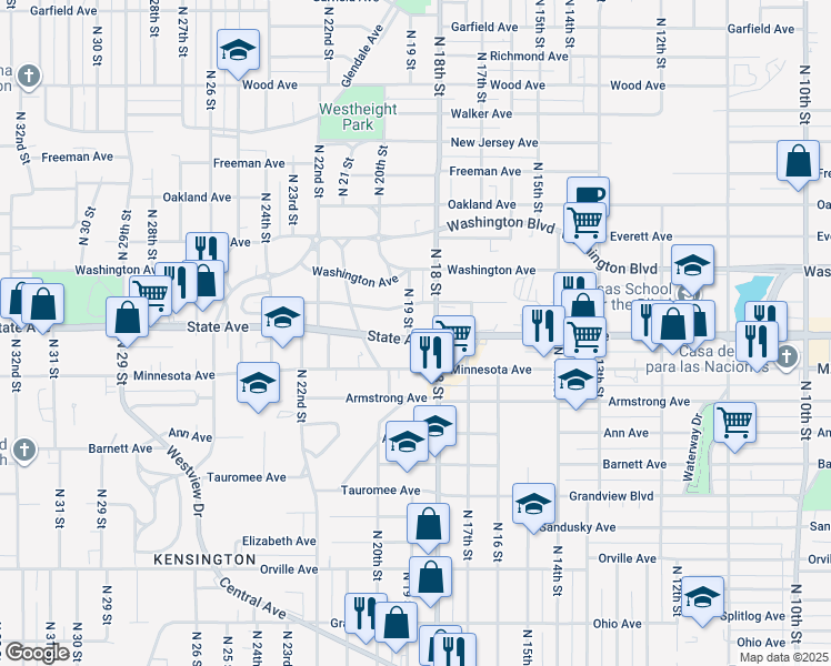 map of restaurants, bars, coffee shops, grocery stores, and more near 1115 North 19 Street in Kansas City