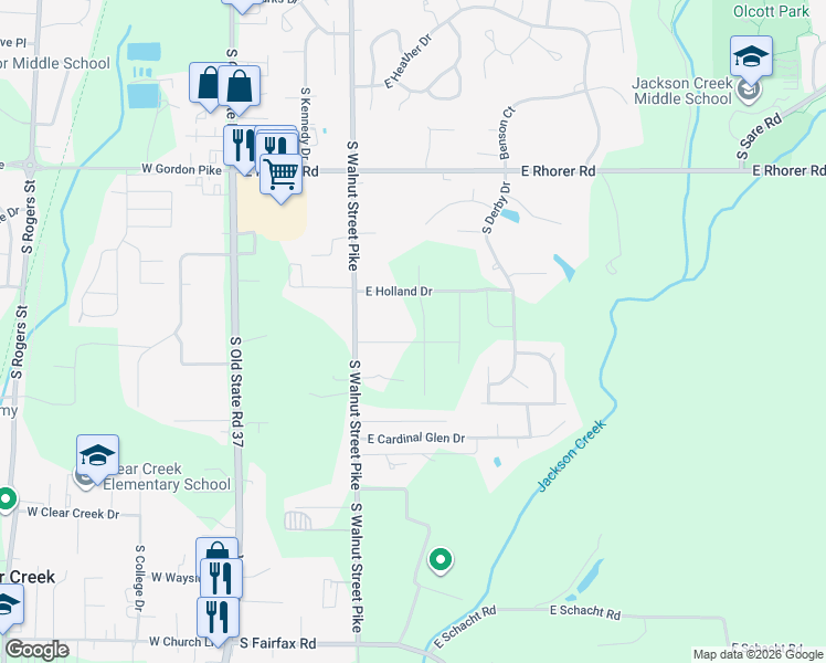 map of restaurants, bars, coffee shops, grocery stores, and more near 721 East Crestline Drive in Bloomington