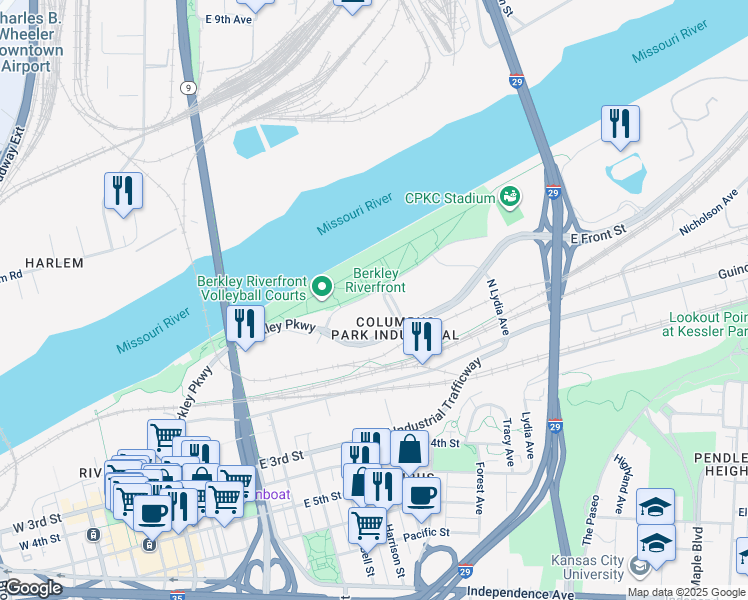 map of restaurants, bars, coffee shops, grocery stores, and more near 1050 Berkley Plaza in Kansas City