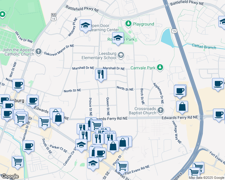 map of restaurants, bars, coffee shops, grocery stores, and more near 521 North Street Northeast in Leesburg