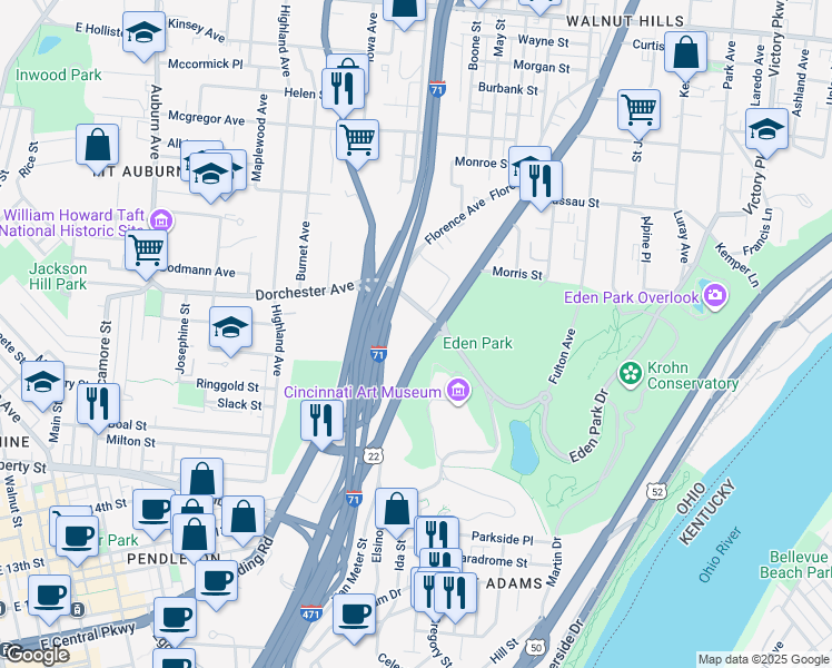 map of restaurants, bars, coffee shops, grocery stores, and more near 655 Eden Park Drive in Cincinnati
