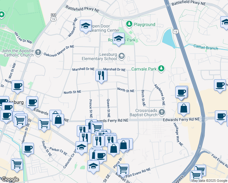 map of restaurants, bars, coffee shops, grocery stores, and more near 523 North Street Northeast in Leesburg