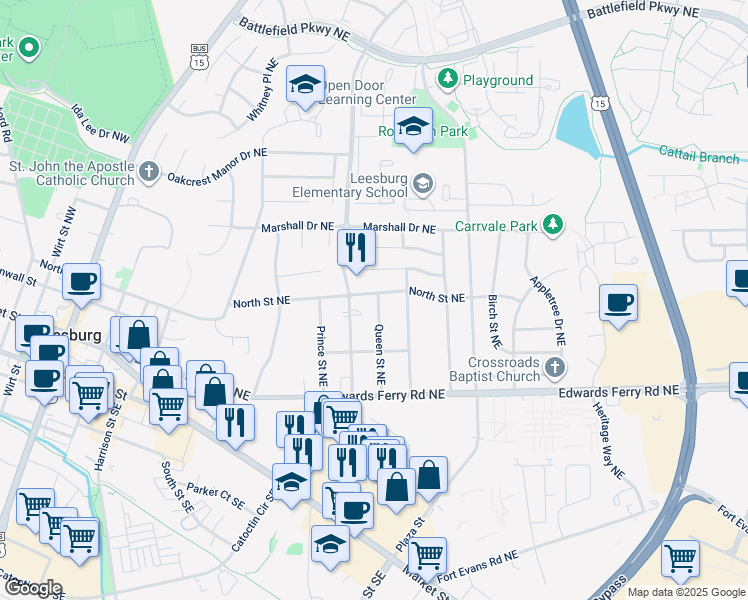 map of restaurants, bars, coffee shops, grocery stores, and more near 511 North Street Northeast in Leesburg