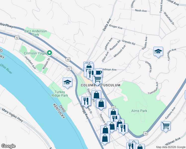 map of restaurants, bars, coffee shops, grocery stores, and more near 3528 Columbia Parkway in Cincinnati