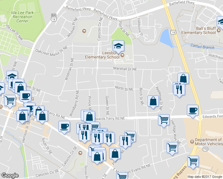 map of restaurants, bars, coffee shops, grocery stores, and more near 521 North Street Northeast in Leesburg