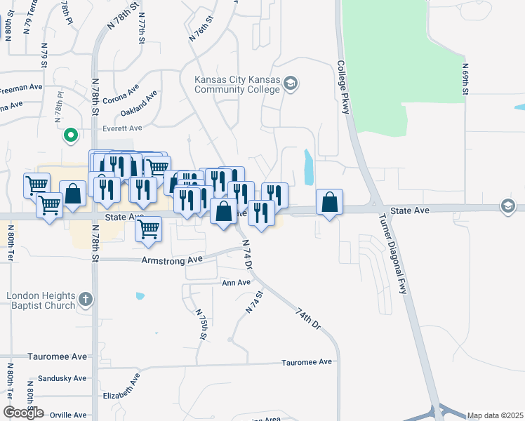 map of restaurants, bars, coffee shops, grocery stores, and more near 7364 State Avenue in Kansas City