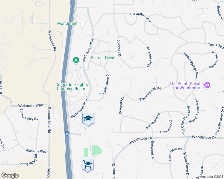 map of restaurants, bars, coffee shops, grocery stores, and more near 19803 Lindenmere Drive in Monument