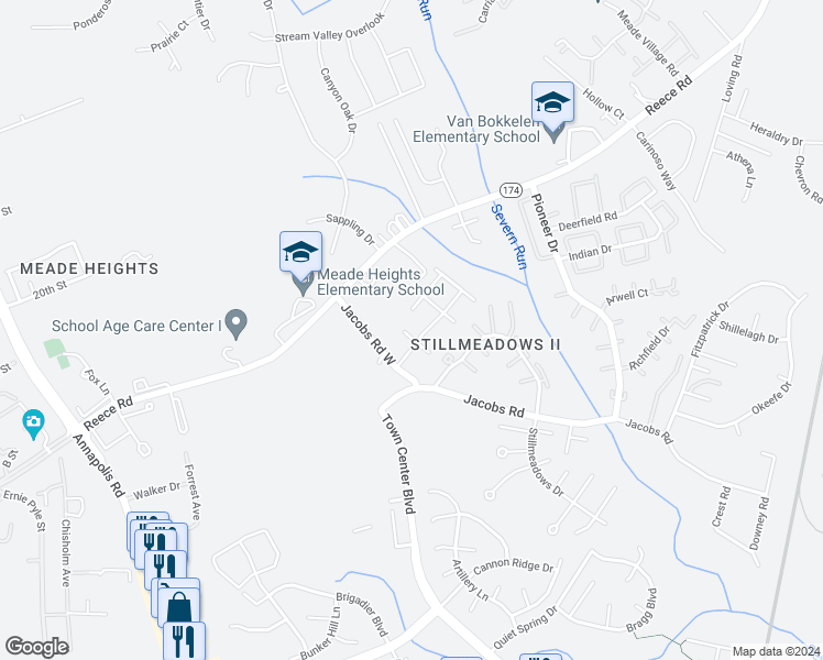 map of restaurants, bars, coffee shops, grocery stores, and more near 8311 Black Harrier Lane in Severn