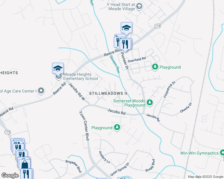 map of restaurants, bars, coffee shops, grocery stores, and more near 8201 Stewarton Court in Severn