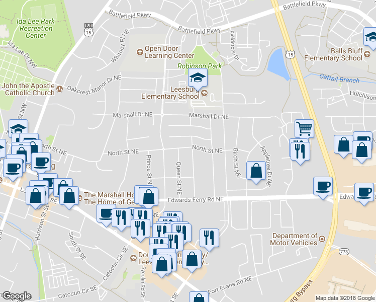 map of restaurants, bars, coffee shops, grocery stores, and more near 523 North Street Northeast in Leesburg