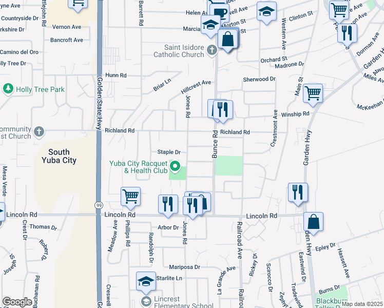 map of restaurants, bars, coffee shops, grocery stores, and more near 699 Jones Road in Yuba City