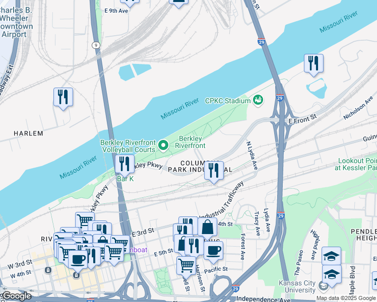map of restaurants, bars, coffee shops, grocery stores, and more near 1050 Berkley Parkway in Kansas City