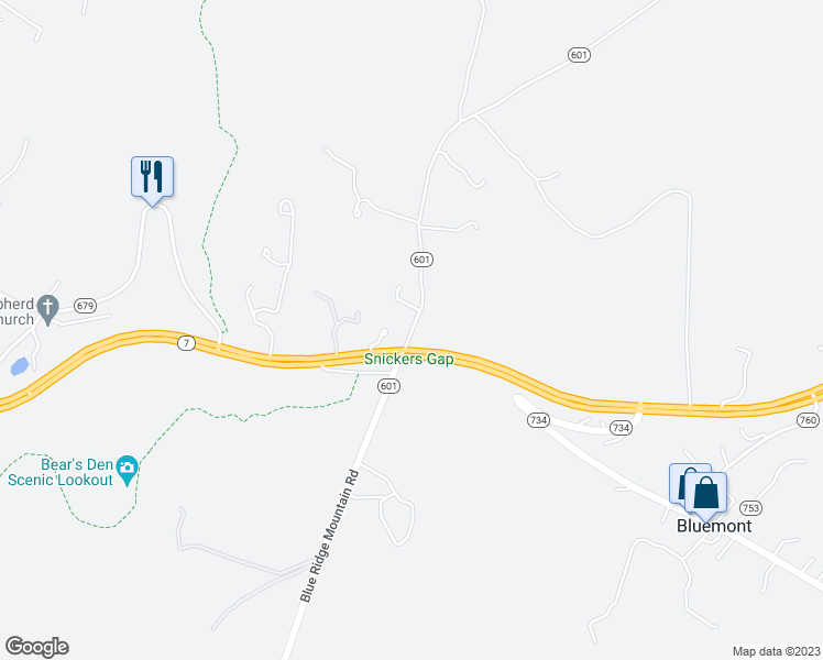 map of restaurants, bars, coffee shops, grocery stores, and more near Blueridge Mountain Road North in Bluemont