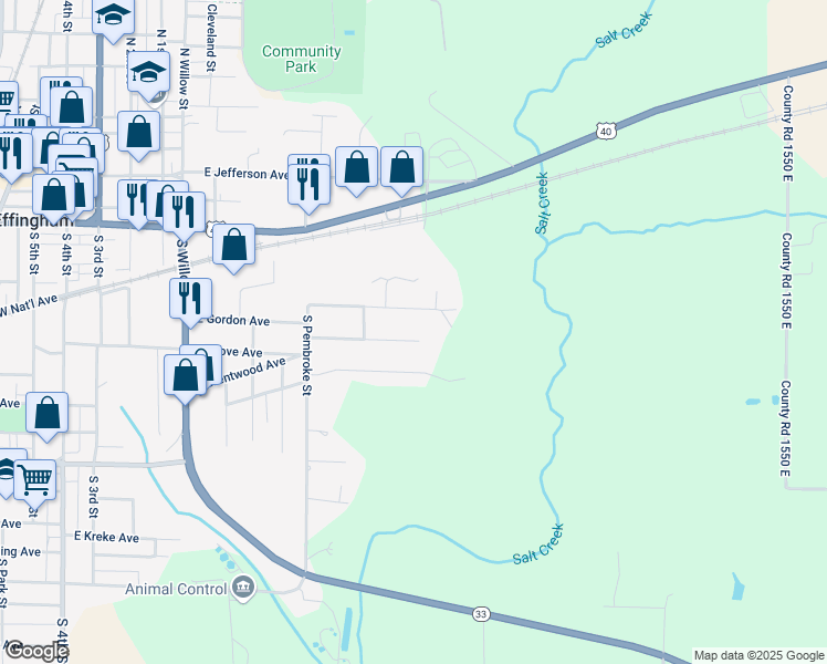 map of restaurants, bars, coffee shops, grocery stores, and more near 1017 E Gordon Ave in Effingham