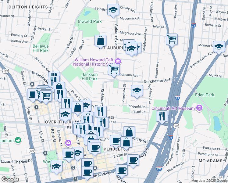 map of restaurants, bars, coffee shops, grocery stores, and more near 6 Park Place in Cincinnati