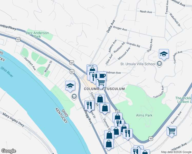 map of restaurants, bars, coffee shops, grocery stores, and more near 3538 Columbia Parkway in Cincinnati