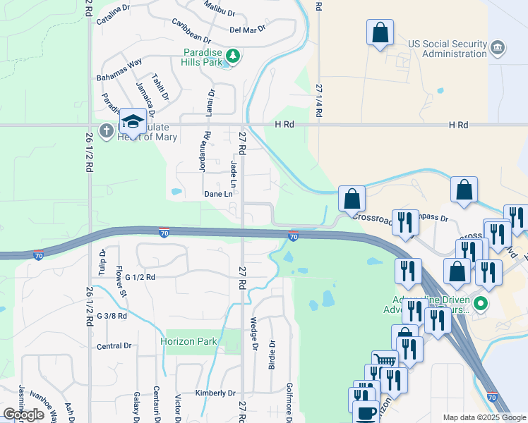 map of restaurants, bars, coffee shops, grocery stores, and more near 2703 Crossroads Boulevard in Grand Junction