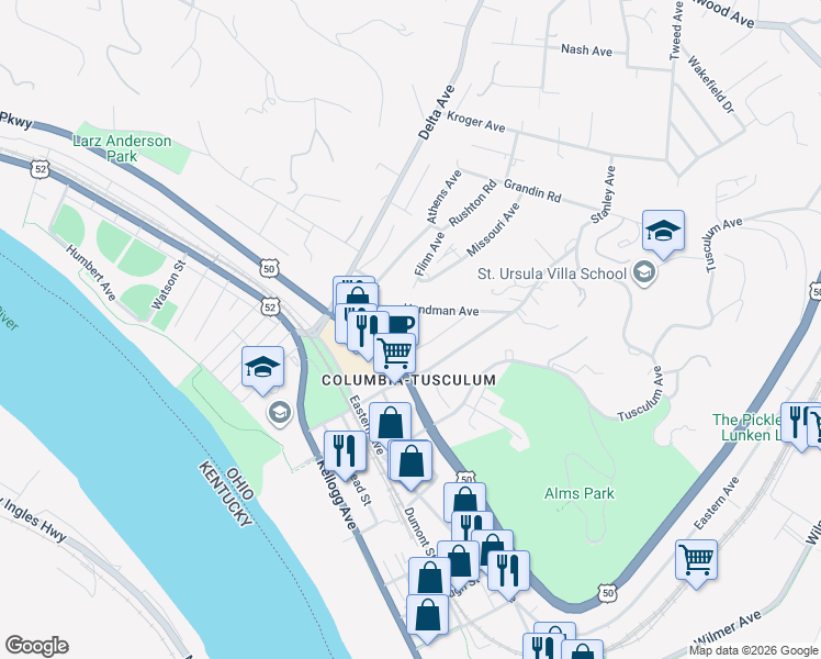 map of restaurants, bars, coffee shops, grocery stores, and more near 425 McDowell Street in Cincinnati