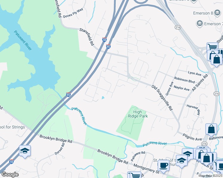 map of restaurants, bars, coffee shops, grocery stores, and more near 9504 Bolton Farm Lane in North Laurel