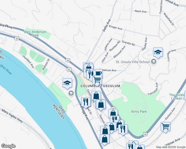 map of restaurants, bars, coffee shops, grocery stores, and more near 3528 Columbia Parkway in Cincinnati