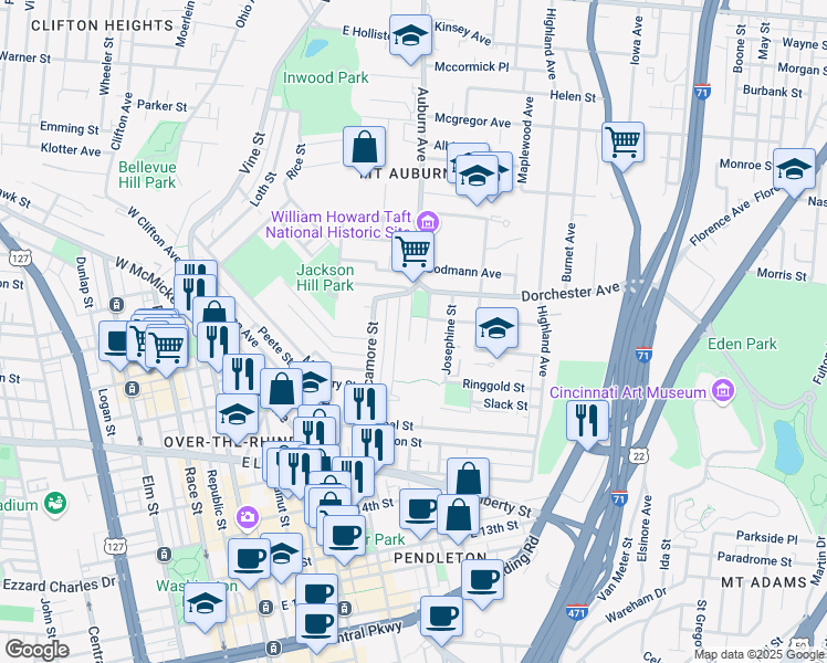 map of restaurants, bars, coffee shops, grocery stores, and more near 6 Park Place in Cincinnati