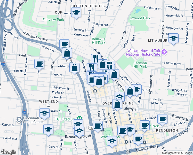 map of restaurants, bars, coffee shops, grocery stores, and more near 1909 Race Street in Cincinnati